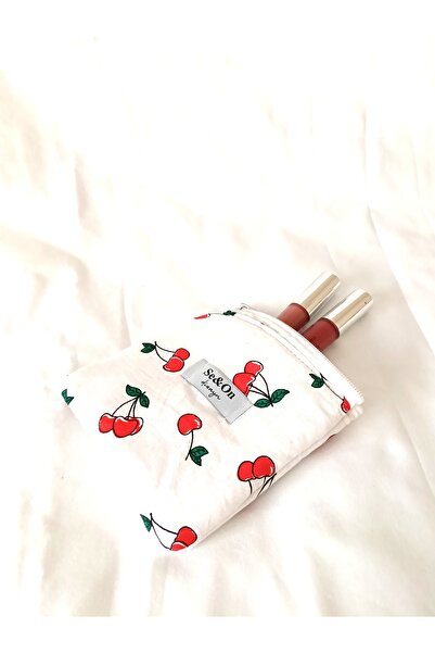 Se&On dizayn Kiraz desenli beyaz fermuarlı astarli kucuk cüzdan mini makyaj ç...