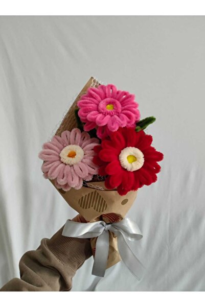 Badem Hediyecilik El Yapımı Dekoratif Şönil Çiçek Buketi (3’lü) – Gerbera ve Zambak Seçenekli Solmayan Hediye