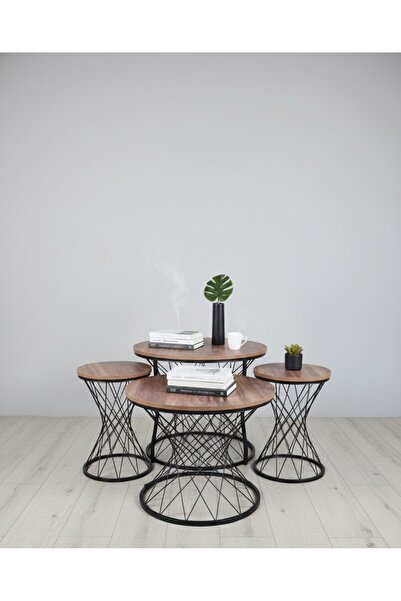 Asyagiyimavm 4'lü Geometrik Tel Ayaklı Ahşap Görünümlü Zigon Sehpa Seti