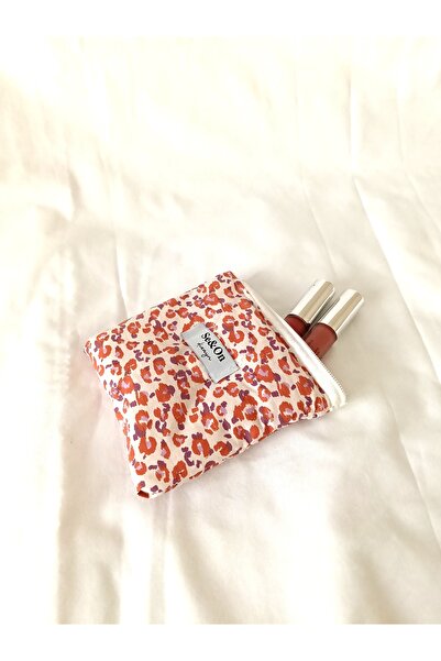 Se&On dizayn Turuncu leopar desen beyaz fermuarlı astarlı kucuk cüzdan mini makyaj çantası kese ölçüleri 14*14