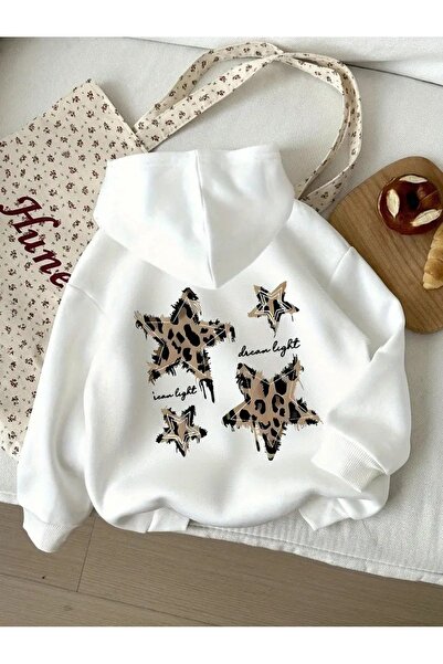 buendiakids Kız\Erkek Çocuk Beyaz Leopar Yıldızlar Sırt Ve Ön Baskılı Kapuşon...