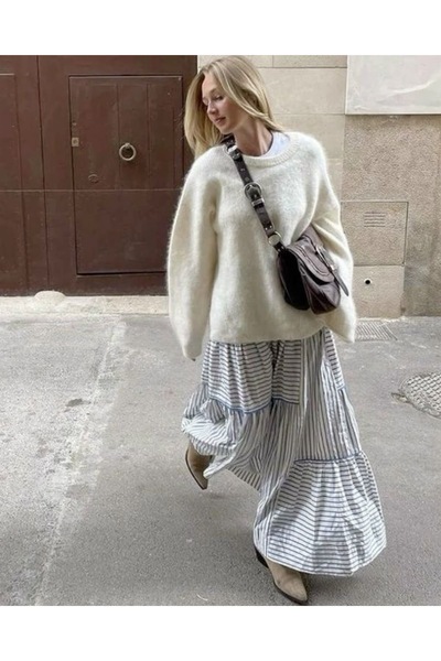 NATUFIAN STORE Women's Crew Neck Oversized Mohair Soft Basic Knitwear Cardigan