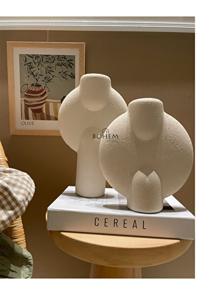 BOHEM HOME 2li Seramik Bej Dokulu Ay Vazo