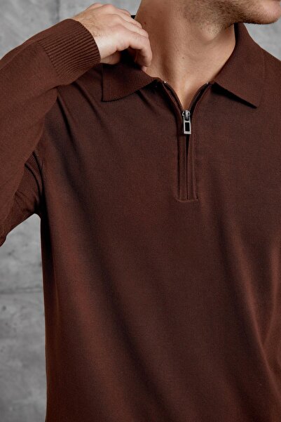 NOMARC Brown 251 Half Zip Polo Neck Basic Knitwear