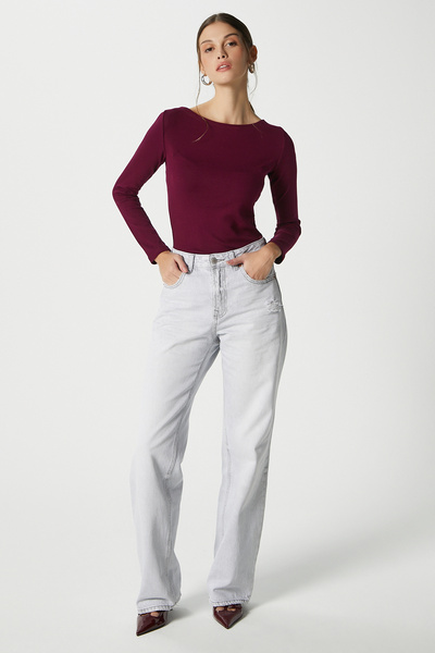 Ritnice Kayık Yaka Need Long Sleeve Plum Soft Top / Blouse
