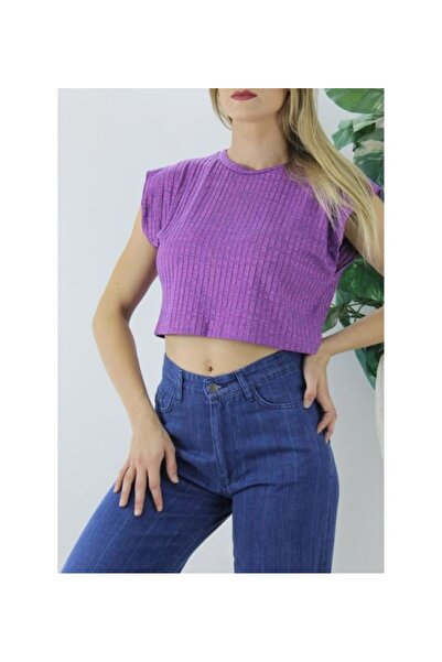 Güzelim Diana Yuvarlak Yaka Crop Mor