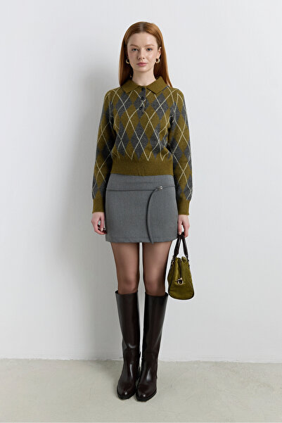 Babushka Gray Belted Mini Shorts Skirt