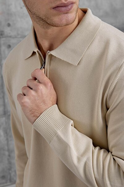 NOMARC Beige 251 Half Zip Polo Neck Basic Knitwear