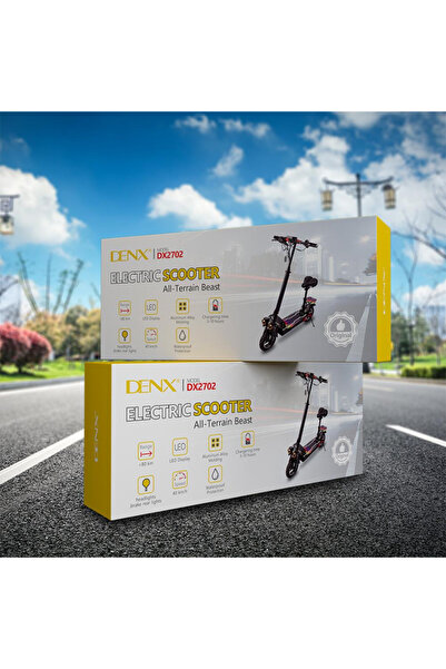 Denx The DENX DX2702 electric scooter has a 500W motor, a 48V battery, and a range of up to 80km.