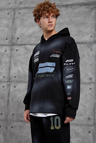 NOMARC Black Printed Oversized Tracksuit Set