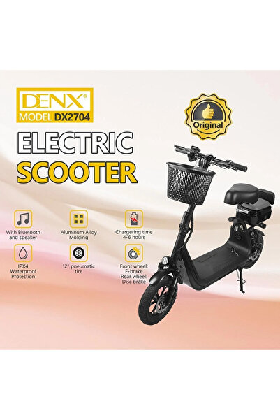 Denx DX2704 electric scooter with a 500W motor, 30 km/h speed, and 12-inch pneumatic tires