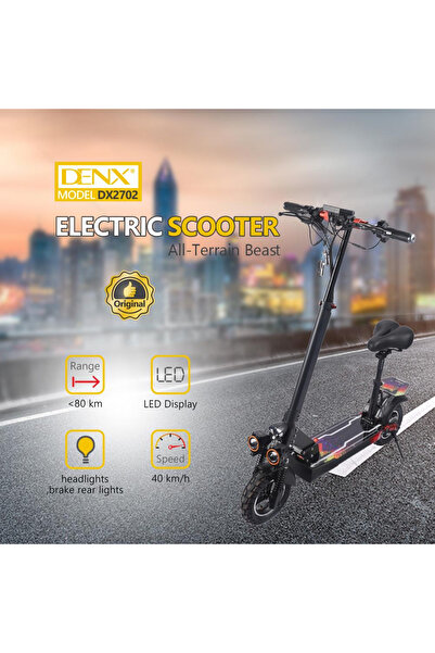 Denx The DENX DX2702 electric scooter has a 500W motor, a 48V battery, and a range of up to 80km.
