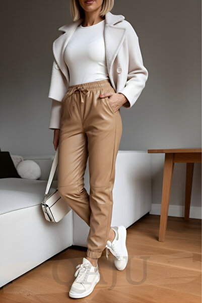 Qaju Beige Leather Elastic Long Pants with Tie-Up Waist and Knee Seam Detail