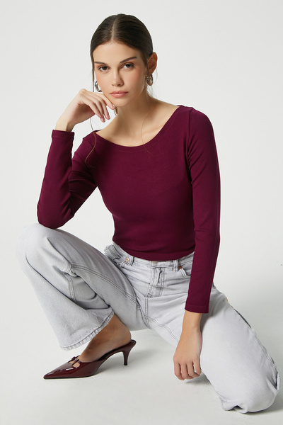 Ritnice Kayık Yaka Need Long Sleeve Plum Soft Top / Blouse