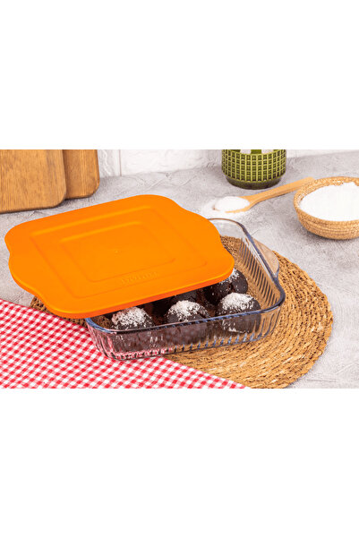 Borart Turuncu Plastik Kapaklı Büyük Optik Desenli Kare Tepsi