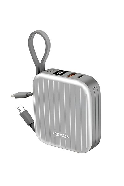 Promass Compact 10000mAh power bank with built-in 2 cables, supports 22.5W fast charging, and features a digital display.