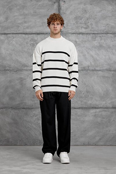 NOMARC Ecru White Dpp Half-Necklace Striped Knitwear