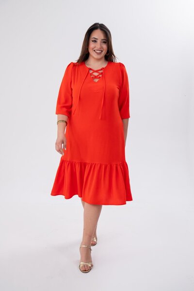 Roxxlen Μακρύ φόρεμα με δαντέλα στο λαιμό σε μεγάλο μέγεθος, κόκκινο