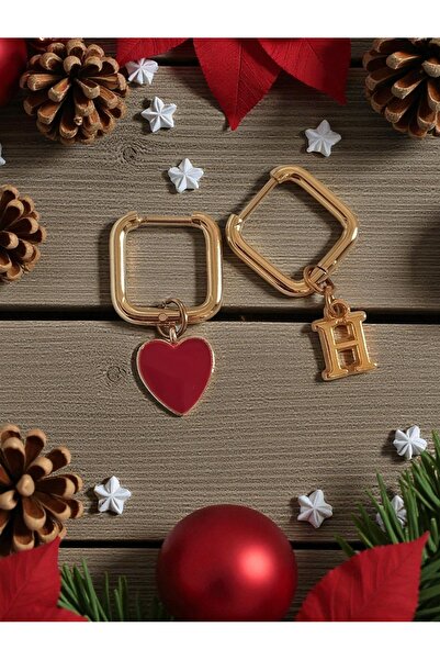 Amabel Jewelerys Red Heart and Letter Chram Square Steel Earrings