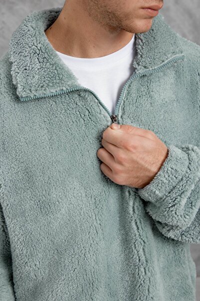 NOMARC Mint Green Lns Half Zipper Plush Sweatshirt