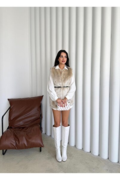 maf collection Women's Beige Belt Detail Lined Plush Vest