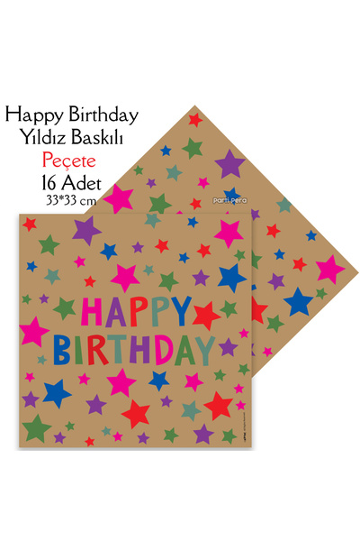 parti pera Happy Birthday Yazılı Yıldız Baskılı Peçete 16 Adet 33*33 cm