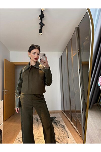 Quzu Deri Garnilli Bol Paça Süet Haki Pantolon