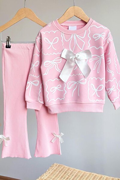 Monila Girl's Ribbon Detailed 3 Thread Cotton Fabric Top and Bottom Set