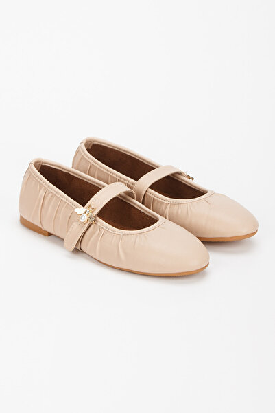Miss Mitto Women's Beige Pleated Flat Heeled Stylish Buckle Detailed Comfortable Ballerina Shoes