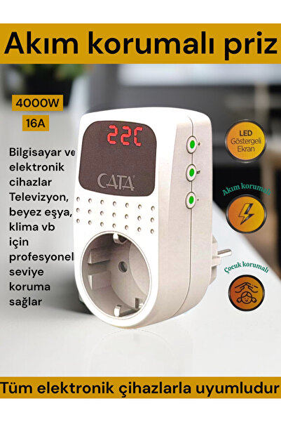 VATANYAPI Cata-9187 Dijital akım korumalı priz 4000W 16A. Led göstergeli tekl...