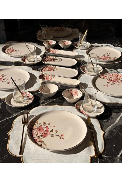 Onedekor 32 Parça Modern Asya Sakura Yaldızlı Kahvaltı Takımı