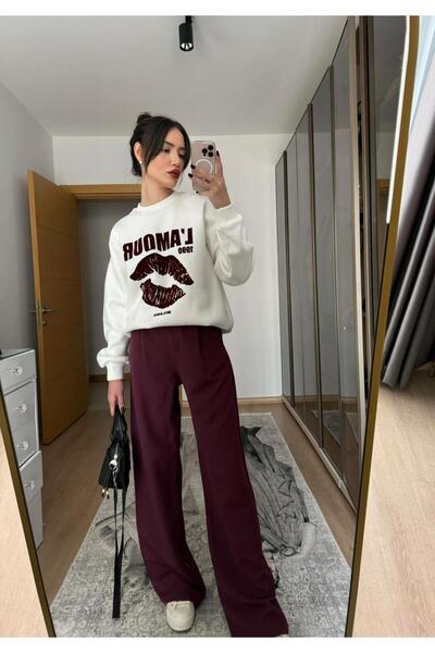 Quzu Bordo Palazzo Kumaş Pantolon