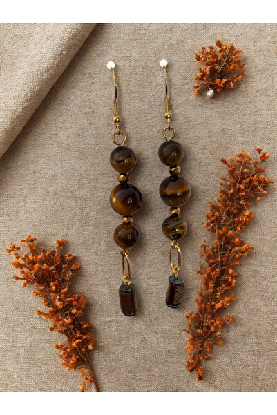 ayrestyle Gold Color Women's Earrings with Tiger's Eye and Hematite Natural Stones (Handmade, 8 cm)