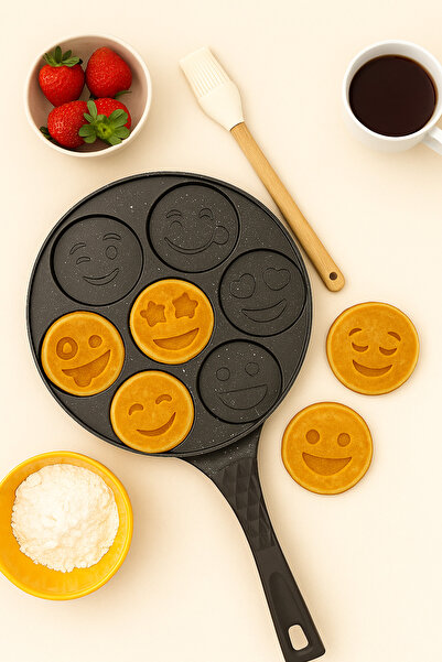 Mirilliahome Emoji Granite Pancake Pan 28 cm | 7-Piece Smile Patterned Cast Iron Pan