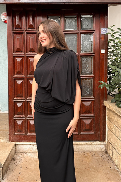 Sorridi Drapeli Tek Omuz Uzun Şık Elbise