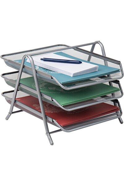 Mind Reader حامل شاشة معدني شبكي مع 3 أدراج رسائل شبكية - فضي