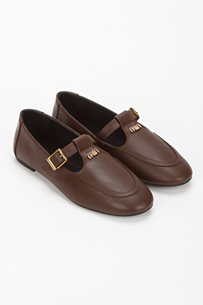 Miss Mitto Women's Brown Faux Leather Flat Heeled Stylish Buckle Detailed Comfortable Ballerina Shoes