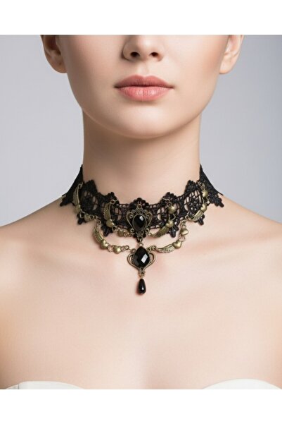 Cash Trade Gotik. Bohem Stil Siyah Dantel kolye.Siyah Kristal detaylı