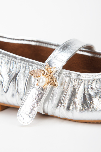 Miss Mitto Pantofi de damă, argintii, cu toc plat, cu detaliu elegant cu cataramă, pantofi confortabili de balerină