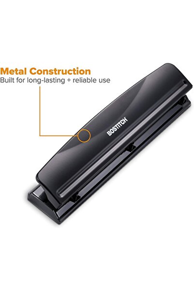Bostitch Office 3-Hole Punch, Metal, Rubber Base, 12-Sheet, Black (KT-HP12-BLK)