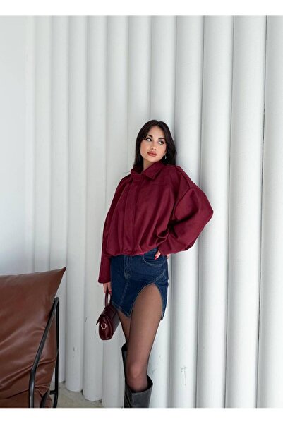 maf collection Women's Burgundy Bomber Detail Zippered Suede Jacket