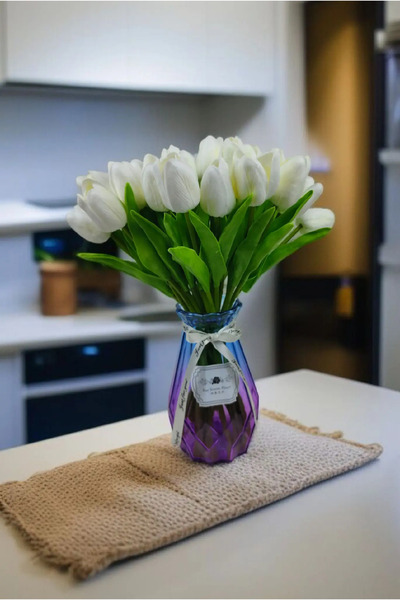 OznCicekTasarim Artificial Wet Tulip White 10 Pcs