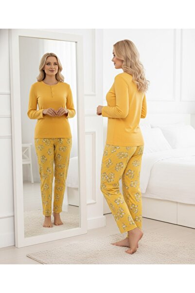 bie's Women's Yellow Floral Pattern Transitional Cotton Combed Long Sleeve Pocketed Pajama Set- Slim Fit Slim Fit