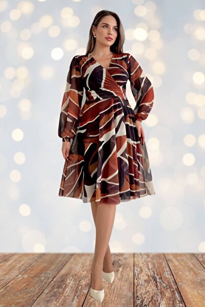 ZISHAN Large Size 42-48 | Double-Breasted Collar Patterned Chiffon Midi Dress - Coffee Tones 2687