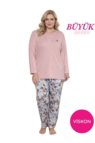 bie's Women's Floral Pattern 3 Button Stretch Fabric Viscose Transitional Plus Size Long Sleeve Pajamas Set