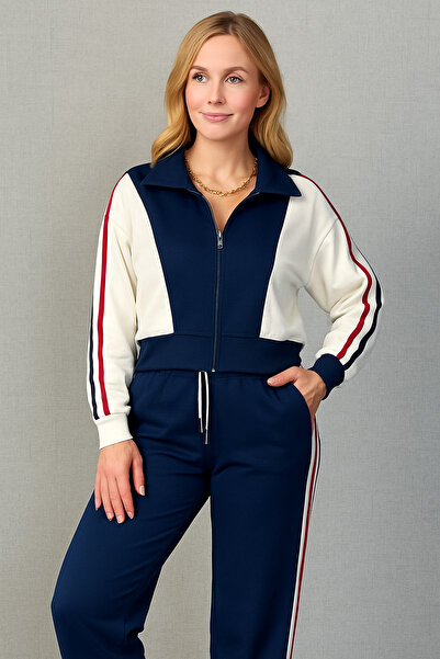 lubiti Women's Navy Blue White Striped Detail Zippered Tracksuit Set – Sporty...
