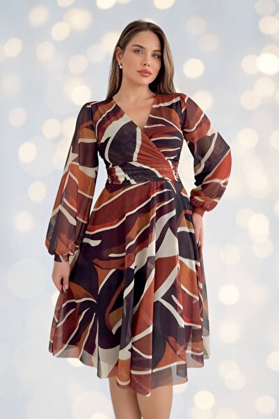 ZISHAN Large Size 42-48 | Double-Breasted Collar Patterned Chiffon Midi Dress - Coffee Tones 2687