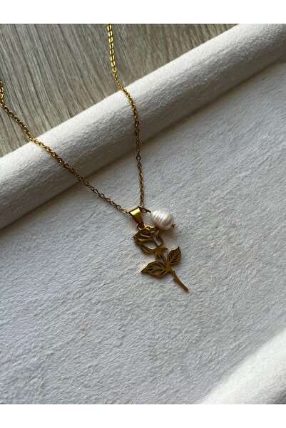 Pel Design Rose Detailed Real Pearl Steel Necklace Handmade