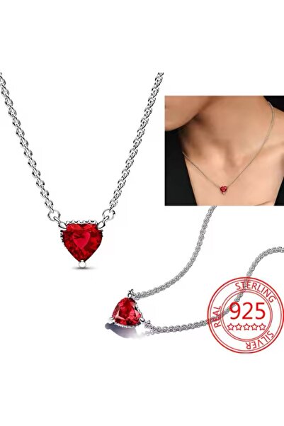 Lovecharm S925 Ayar Gümüş Tarz Zirkon Taşlı Işıltılı Kırmızı Kalp Detaylı Min...