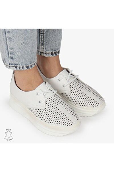ANGEL BLUE Дамски перфорирани обувки с връзки от бяла естествена кожа |MOVANLIK|